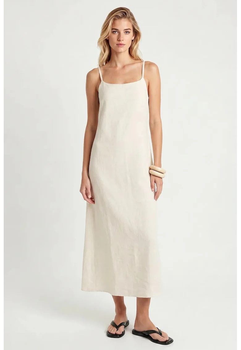 Rochie midi, Happiness Istanbul, A-line, fara maneci, crem, bumbac