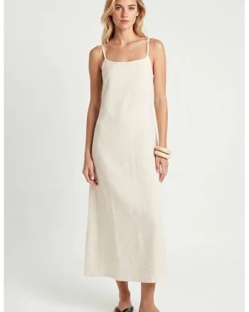 Rochie midi, Happiness Istanbul, A-line, fara maneci, crem, bumbac
