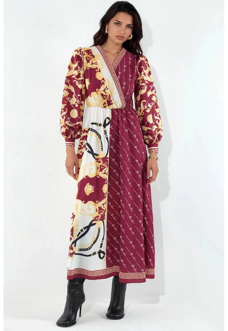 Rochie Maxi,  Multicolor, cu curea, maneci lungi, poliester-lycra