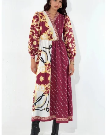 Rochie Maxi,  Multicolor, cu curea, maneci lungi, poliester-lycra