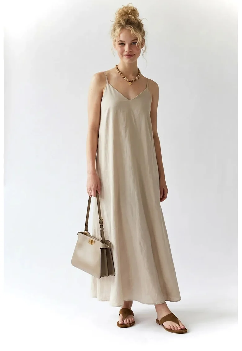 Rochie Maxi Femei  Tip A, Crem, Sifon, Captusita