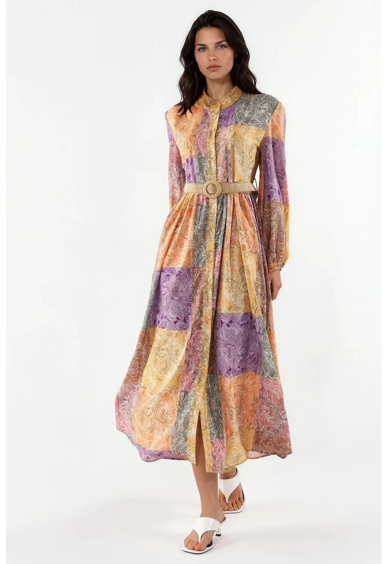Rochie Maxi,  Geometrica, Multicolor, Chiffon, Maneci lungi, Cu curea