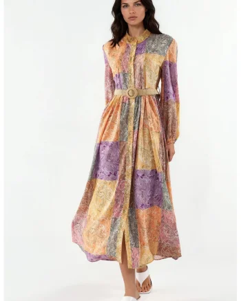 Rochie Maxi,  Geometrica, Multicolor, Chiffon, Maneci lungi, Cu curea