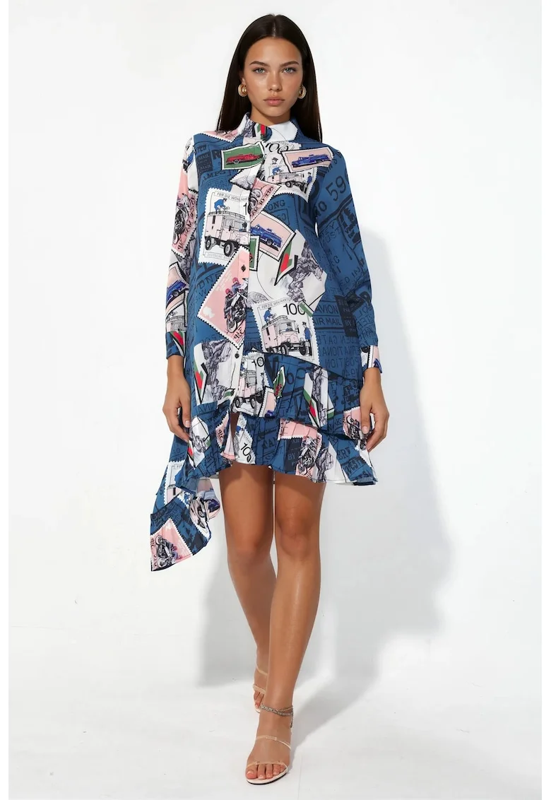 Rochie Mini,  Floral, Multicolor, Sifon, Maneci lungi