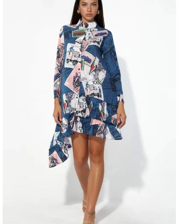 Rochie Mini,  Floral, Multicolor, Sifon, Maneci lungi