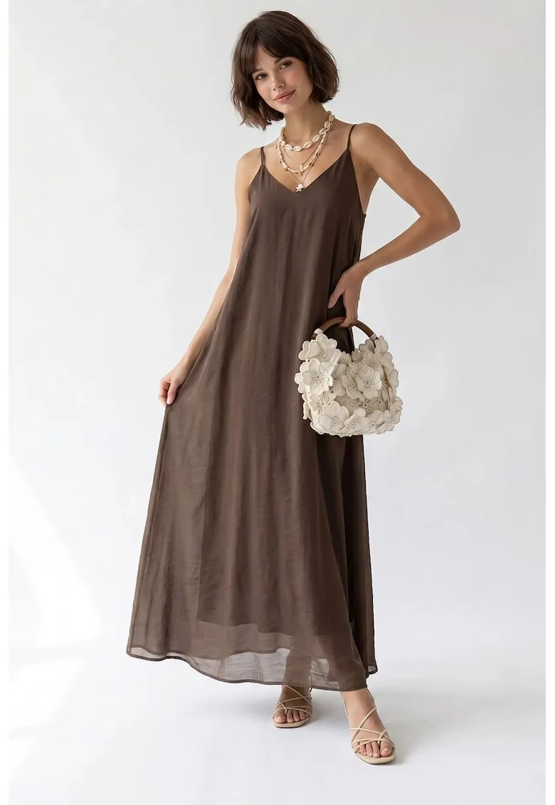 Rochie Maxi,  A-line, decolteu in V, culoare maro nuc, material lyocell si poliester