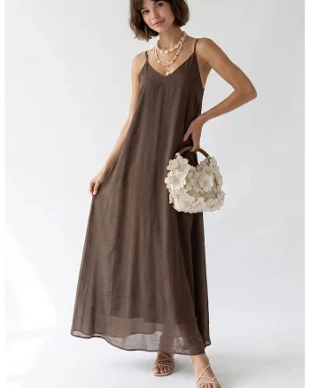 Rochie Maxi,  A-line, decolteu in V, culoare maro nuc, material lyocell si poliester