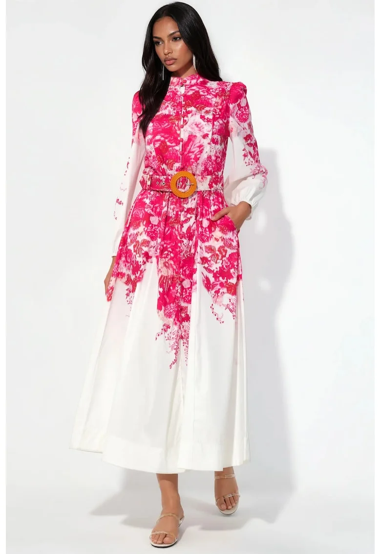 Rochie Midi,  Floral, Multicolor, Turtleneck, Evazat