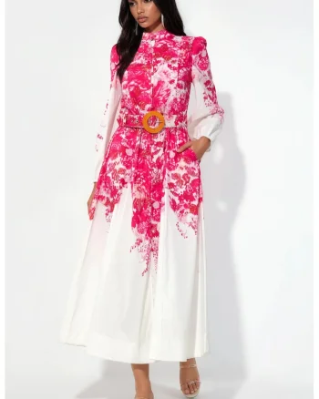Rochie Midi,  Floral, Multicolor, Turtleneck, Evazat