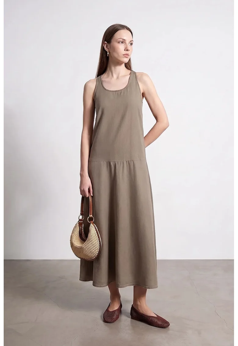 Rochie Maxi  Croiala Dreapta, Fara Maneci, Kaki, Tencel