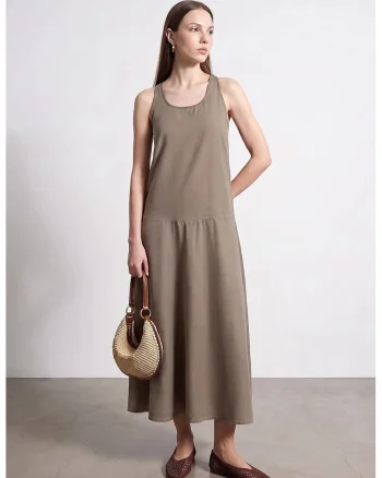 Rochie Maxi  Croiala Dreapta, Fara Maneci, Kaki, Tencel