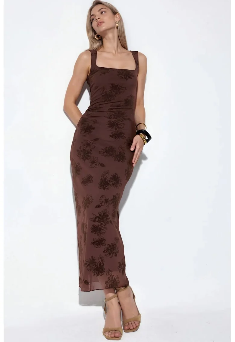 Rochie Midi,  Dreapta, Fara Maneci, Culoare Maro, Poliester-Elastan