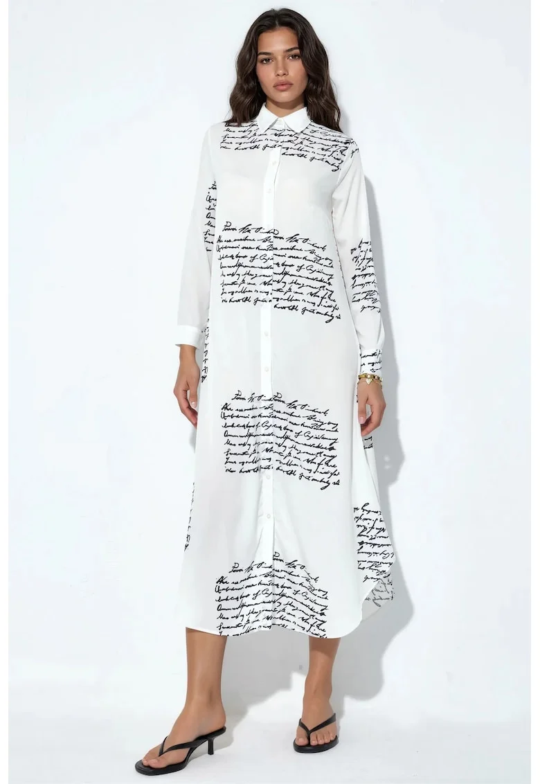 Rochie camasa maxi,  imprimeu text, alb, poliester si lycra