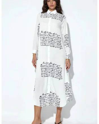 Rochie camasa maxi,  imprimeu text, alb, poliester si lycra