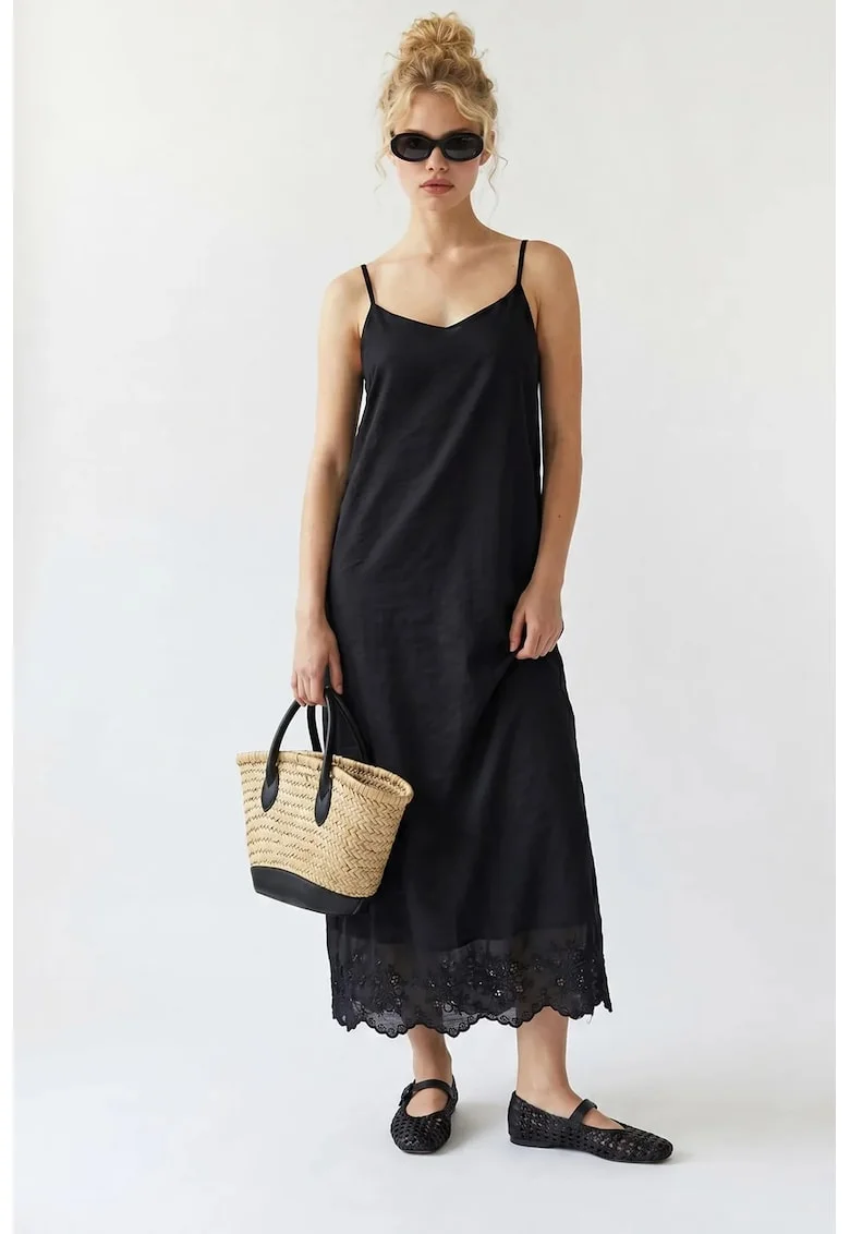 Rochie midi,  tip A-Line, broderie, negru, lyocell-poliester,