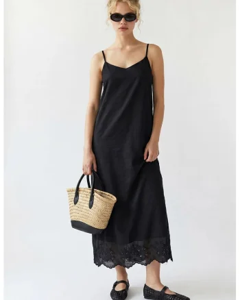 Rochie midi,  tip A-Line, broderie, negru, lyocell-poliester,
