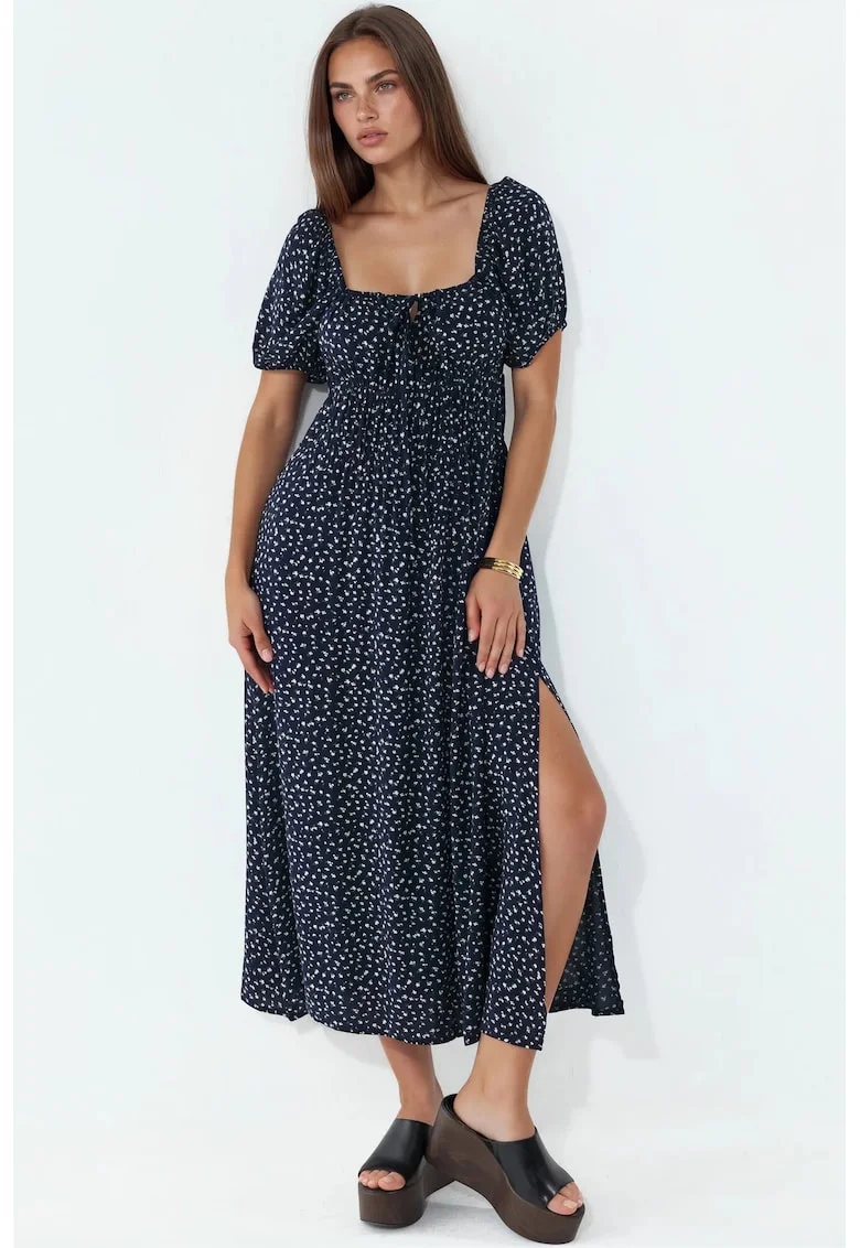 Rochie Midi  Neagra, 100% Viscose, Croiala Lejera, Decolteu Patrat, Maneci Scurte