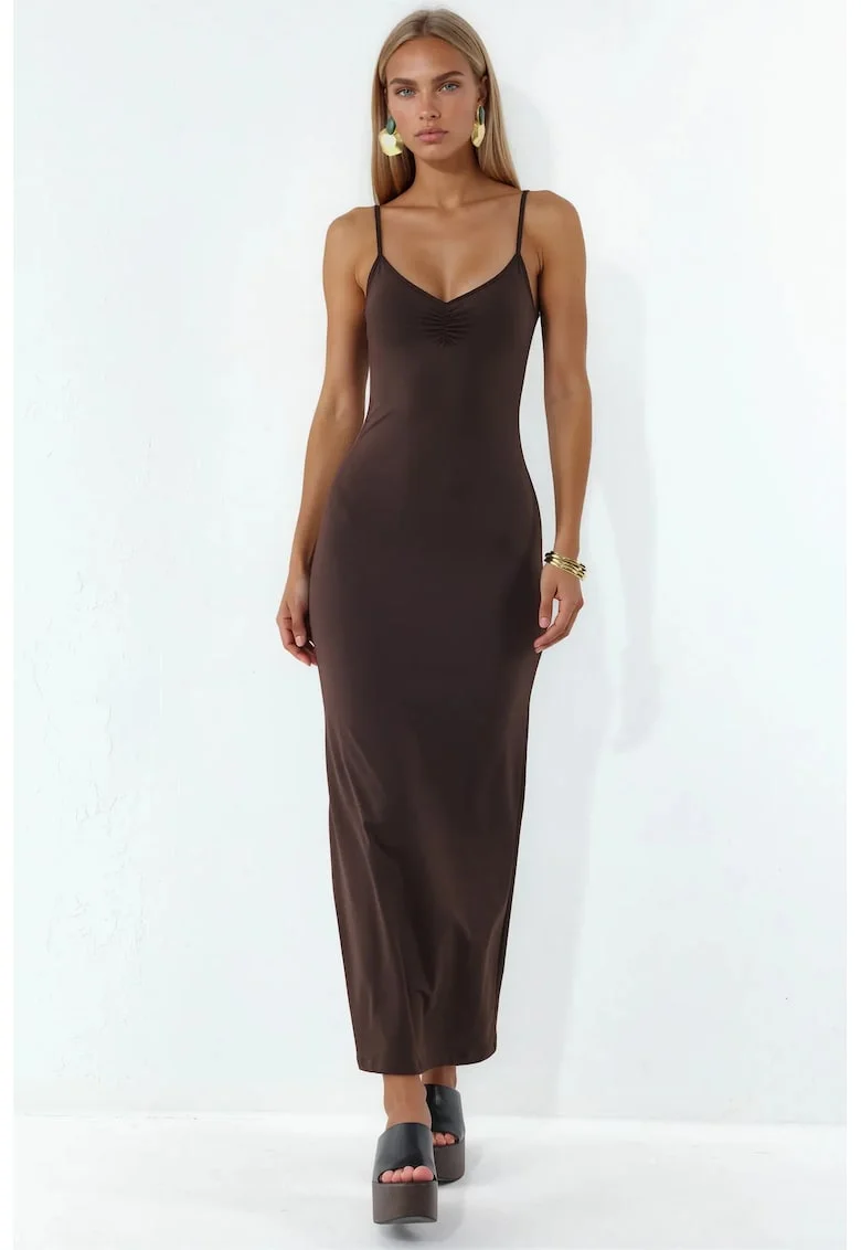 Rochie midi,  neagra, fara maneci, decolteu in V, drapaj, lycra