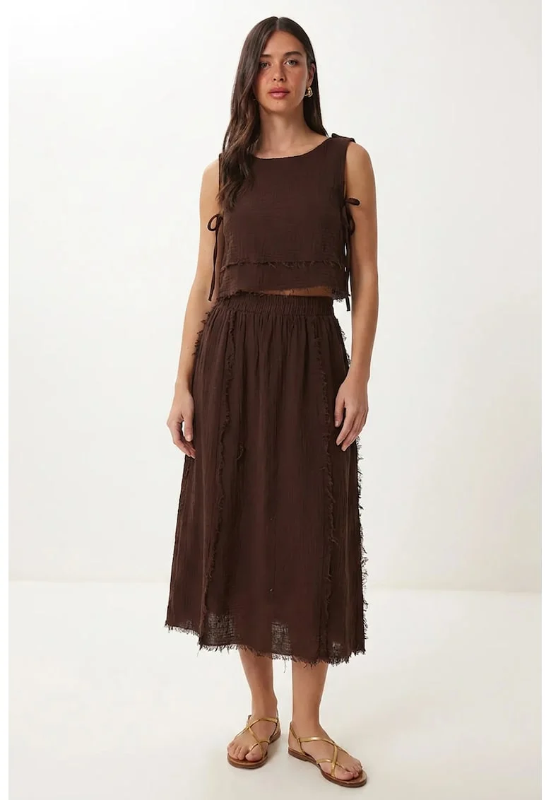 Set Coordonat Femei, Happiness Istanbul, Bluza Fara Maneci si Fusta Midi, Maro Castaniu, Bumbac,