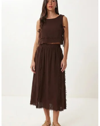 Set Coordonat Femei, Happiness Istanbul, Bluza Fara Maneci si Fusta Midi, Maro Castaniu, Bumbac,