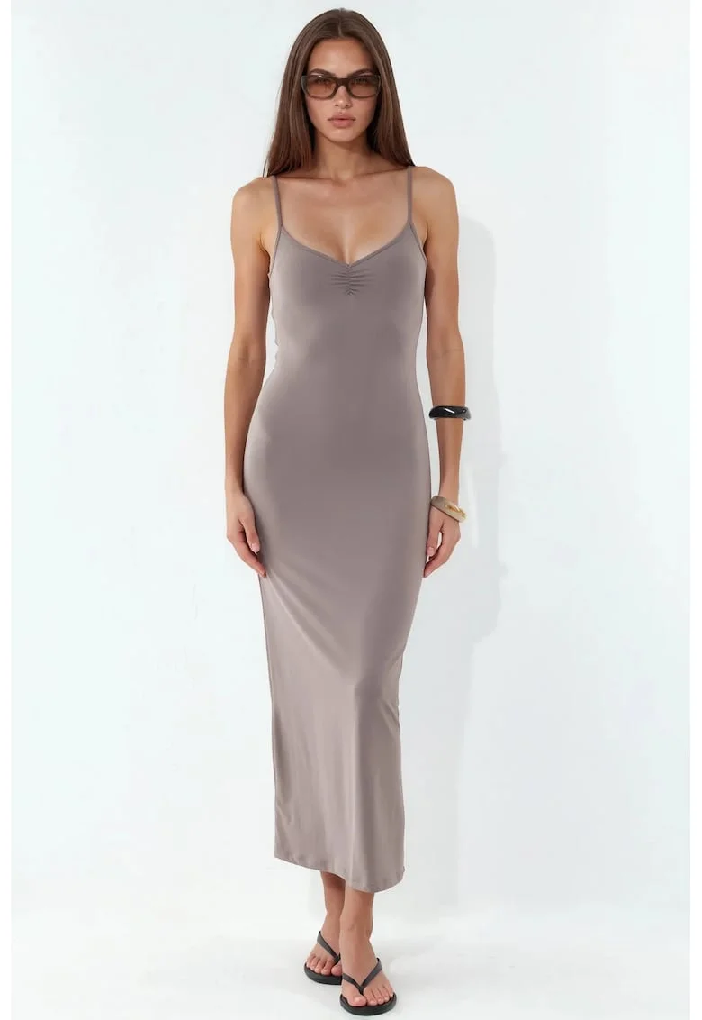 Rochie midi,  furou, decolteu in V, maro, jerseu de lycra
