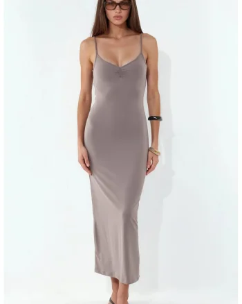 Rochie midi,  furou, decolteu in V, maro, jerseu de lycra