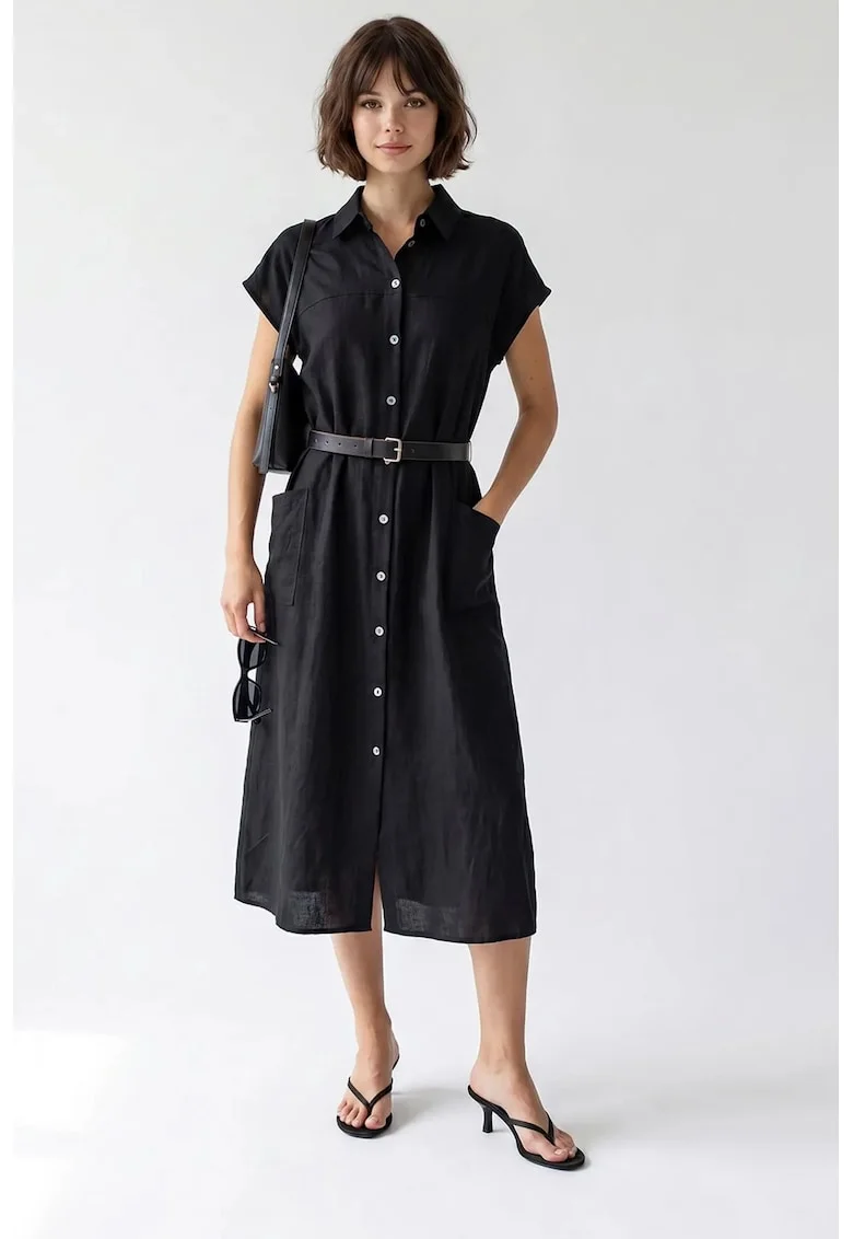 Rochie Camasa Midi cu Cordon  Negru, Poliester, Maneci Scurte