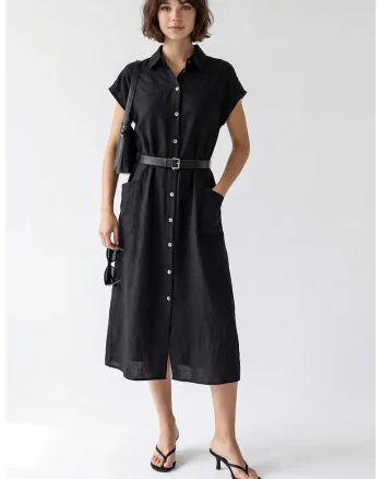 Rochie Camasa Midi cu Cordon  Negru, Poliester, Maneci Scurte