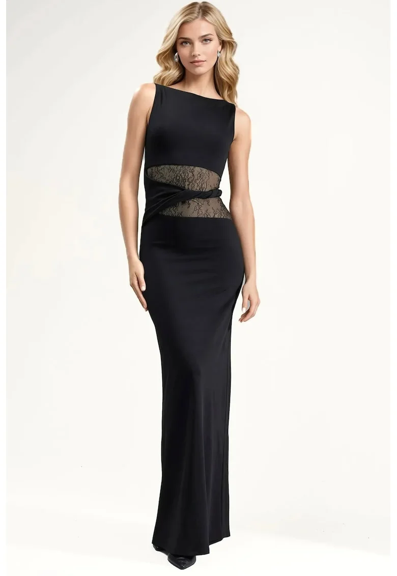 Rochie maxi,  uni, eleganta, neagra, tricot subtire