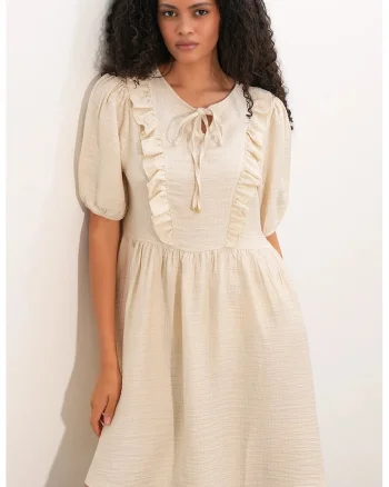 Rochie mini,  tip smock, crem, volane, viscoza-nailon