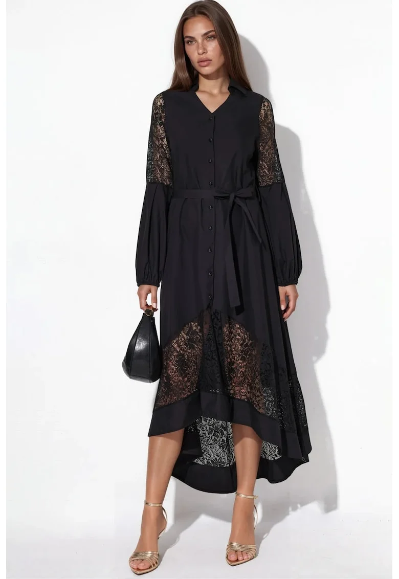 Rochie midi,  brodata, neagra, poplin, cu cordon