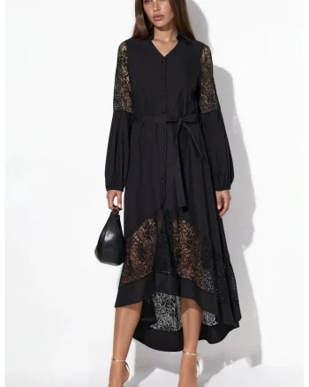 Rochie midi,  brodata, neagra, poplin, cu cordon