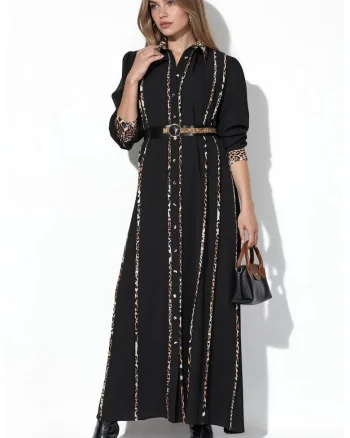 Rochie Camasa Maxi,  Negru, Croiala lejera, Maneci lungi, Poliester cu Lycra,