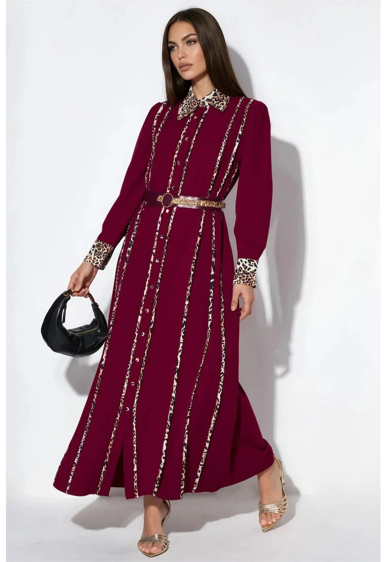 Rochie maxi,  casual, rosie, poliester cu lycra, maneci lungi, guler tip camasa