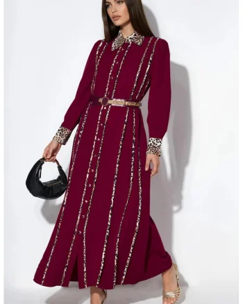 Rochie maxi,  casual, rosie, poliester cu lycra, maneci lungi, guler tip camasa