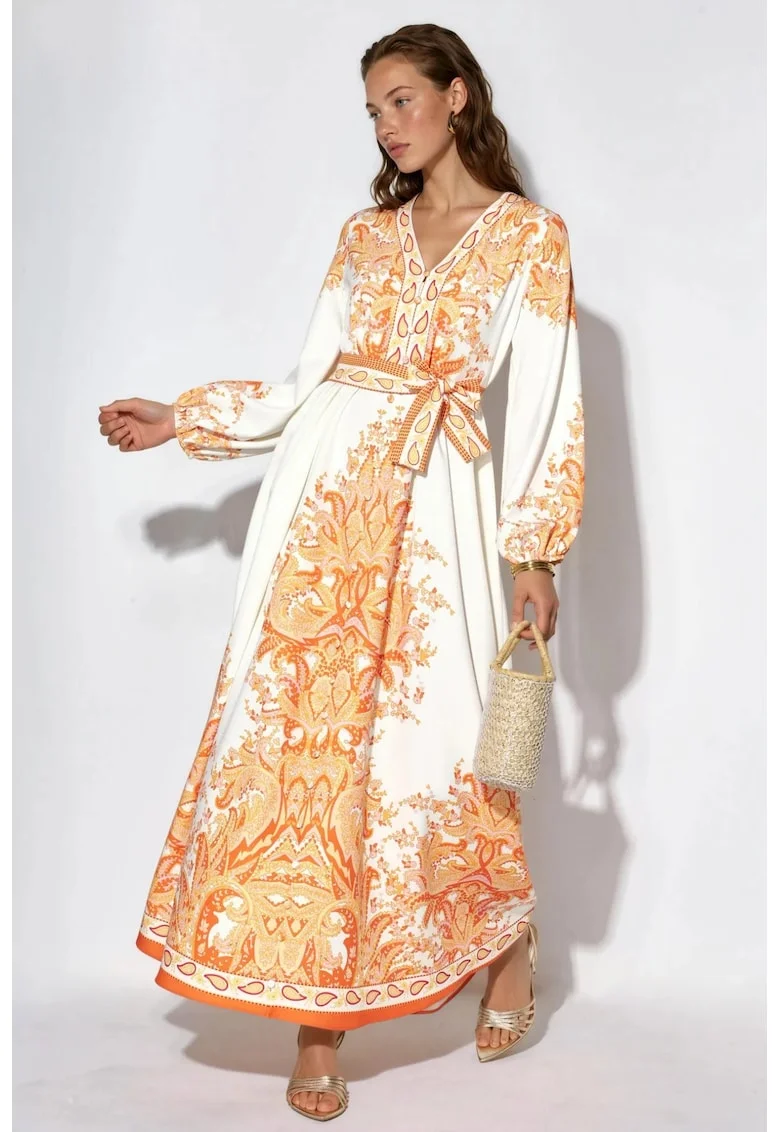 Rochie Maxi A-line MSN Paisley cu cordon, Portocalie, Poplin subtire, Maneci lungi