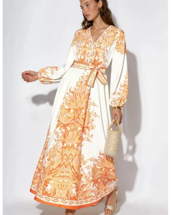 Rochie Maxi A-line MSN Paisley cu cordon, Portocalie, Poplin subtire, Maneci lungi