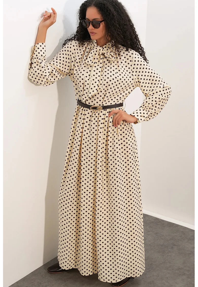 Rochie maxi,  A-line, buline, bej, poplin viscoza si nailon