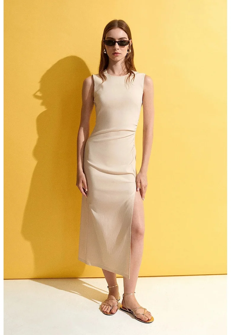 Rochie Midi,  Mulata, Bej Natural, Fara Maneci, Cu Slit, Viscoza