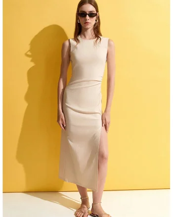 Rochie Midi,  Mulata, Bej Natural, Fara Maneci, Cu Slit, Viscoza
