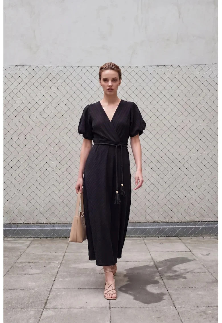 Rochie maxi,  petrecuta, decolteu in V, negru, bumbac-poliester