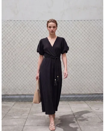 Rochie maxi,  petrecuta, decolteu in V, negru, bumbac-poliester
