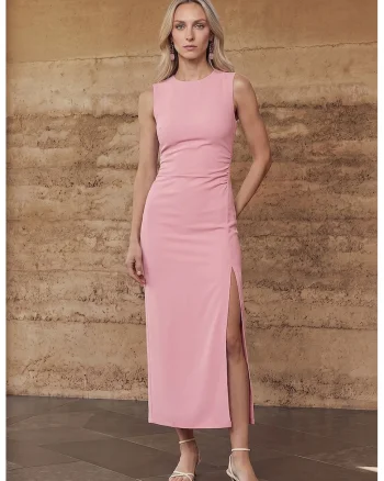 Rochie Midi,  Mulata, Roz Pudra, Viscoza, Poliamida, Elastan