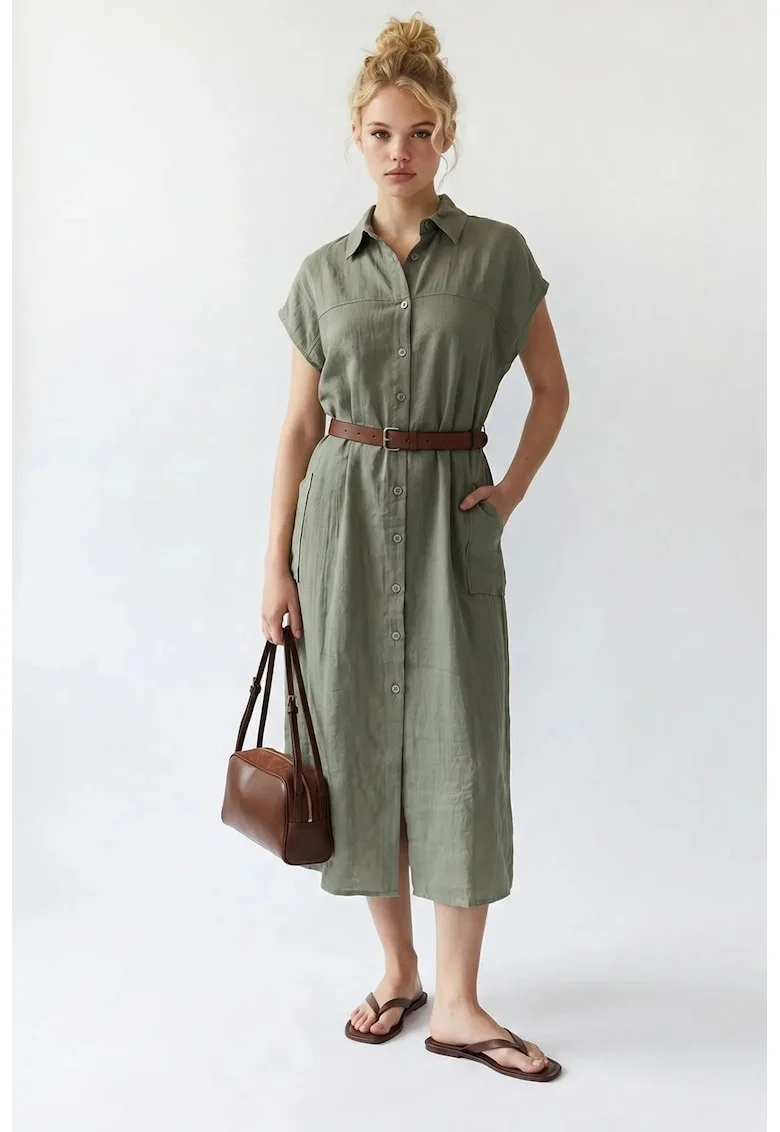 Rochie camasa Midi,  verde salvie, cu curea, poliester