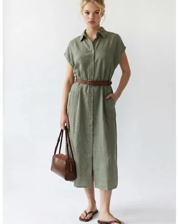 Rochie camasa Midi,  verde salvie, cu curea, poliester