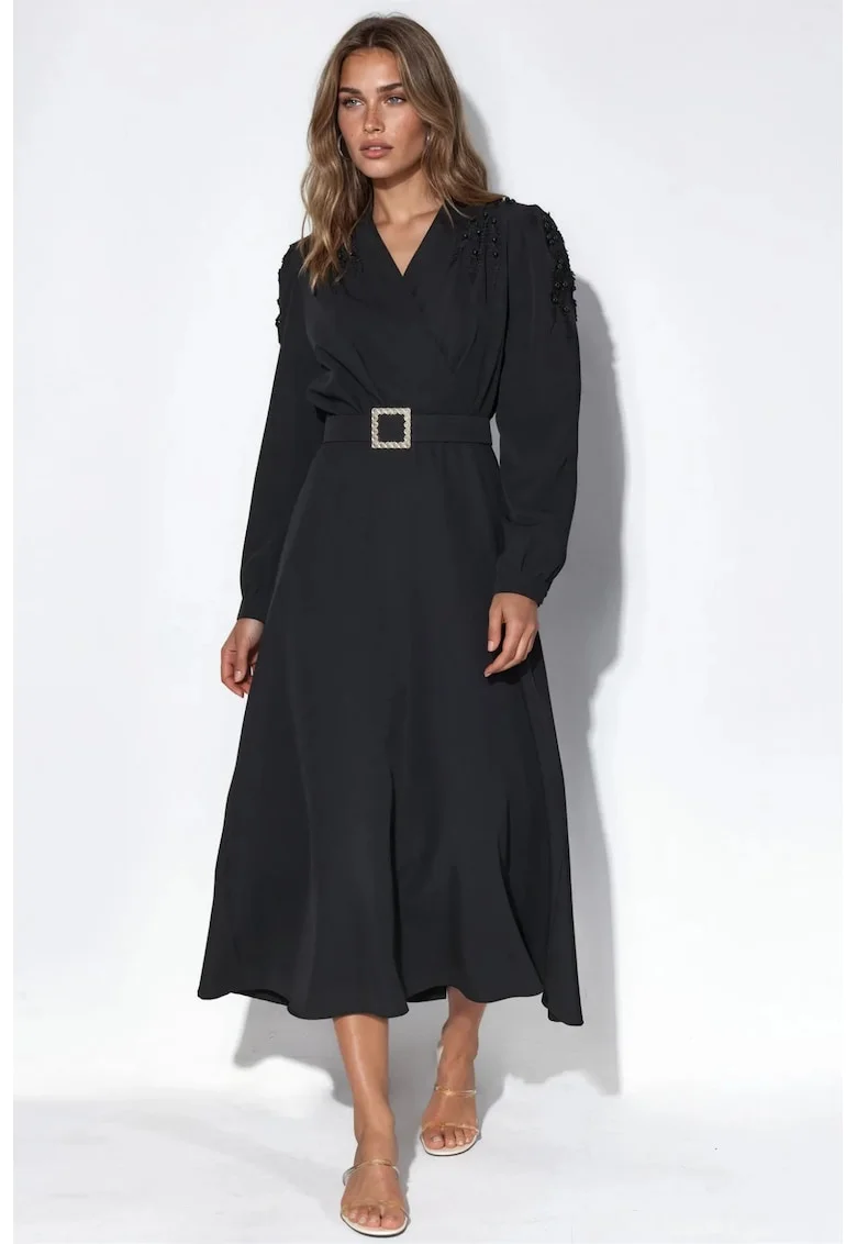Rochie midi,  A-line, neagra, cu curea, din poliester si lycra,
