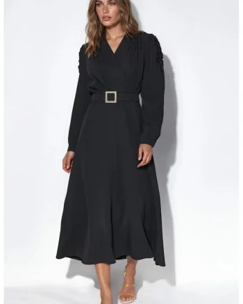 Rochie midi,  A-line, neagra, cu curea, din poliester si lycra,