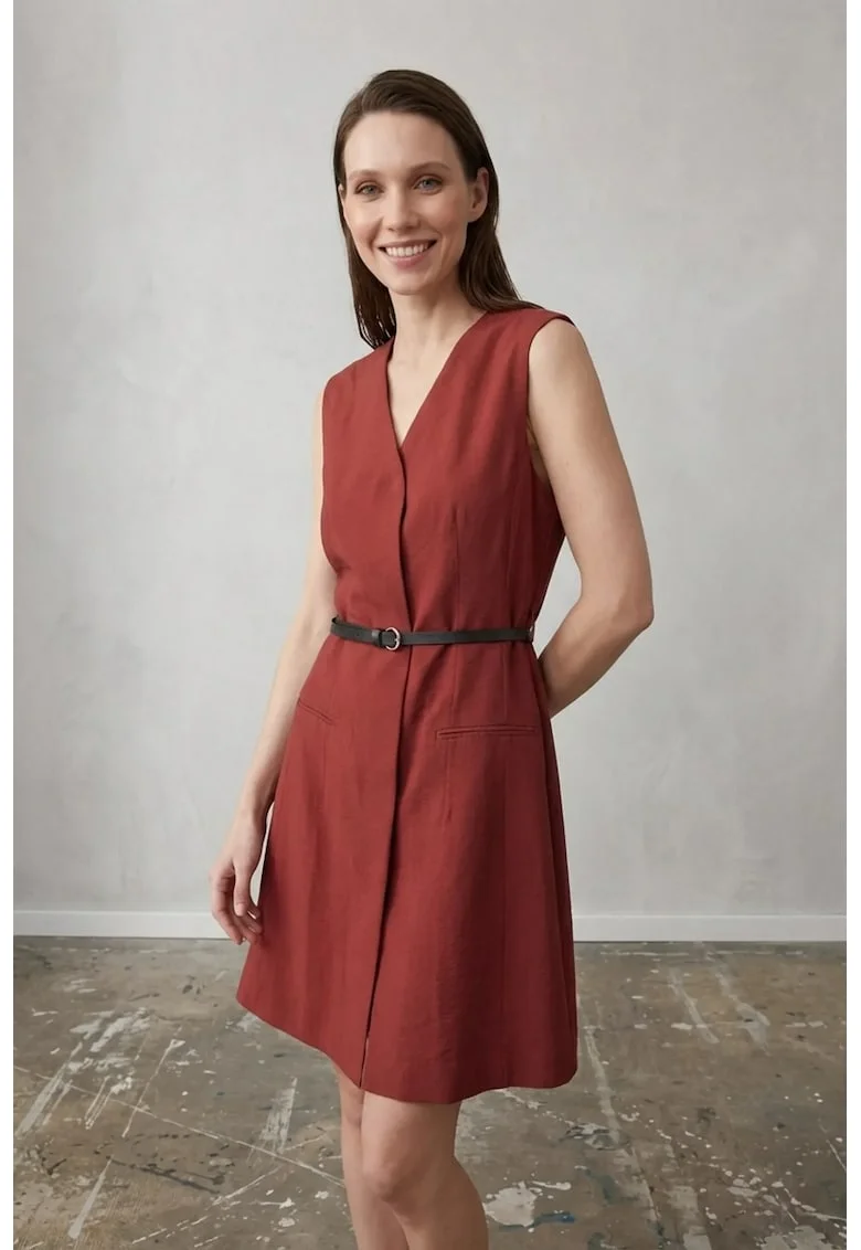 Rochie mini tip shift  rosie, cu decolteu in V, fara maneci, cu curea, din lyocell,