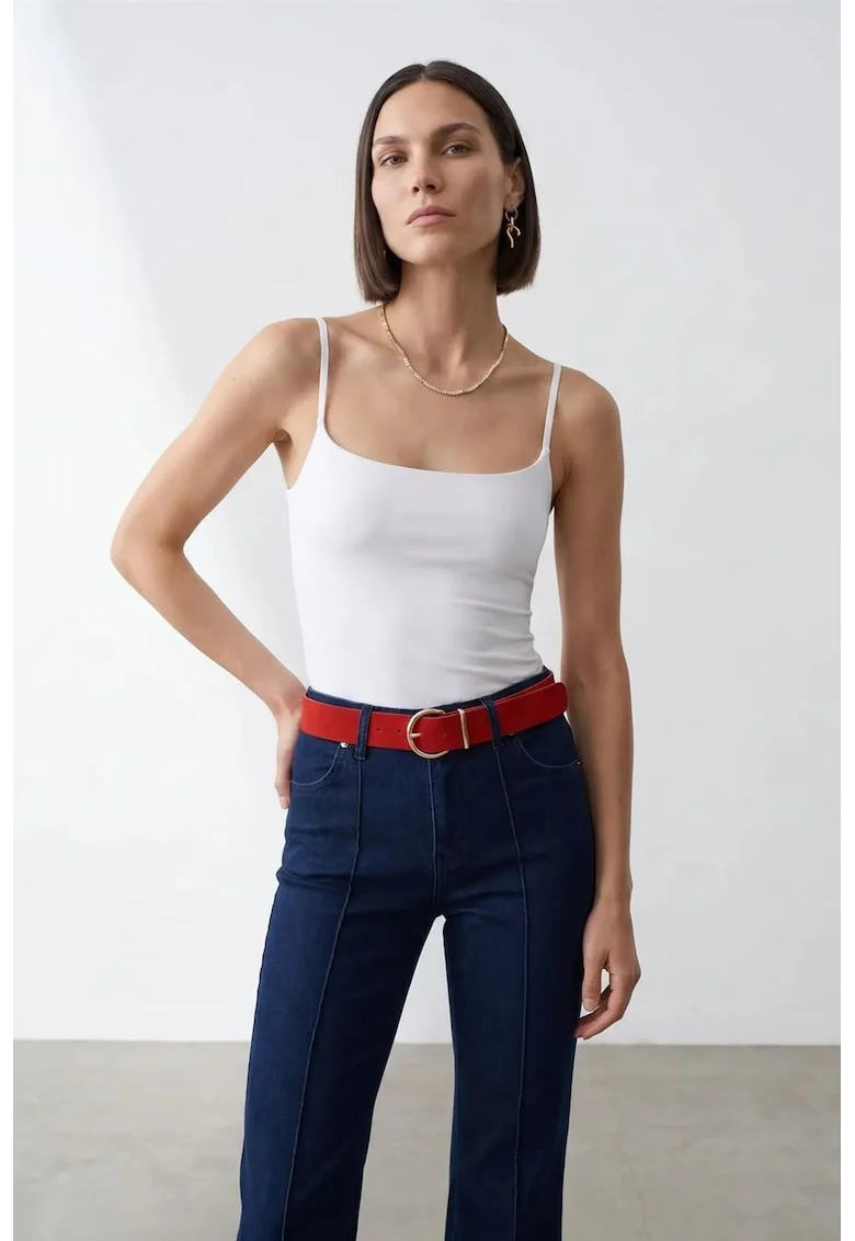 Bluza dama,  slim fit, decolteu patrat, alb, tricot subtire