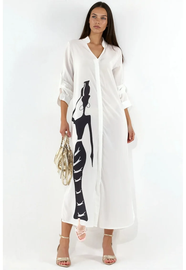 Rochie tip camasa,  maxi, imprimeu text, alb, poliester cu lycra